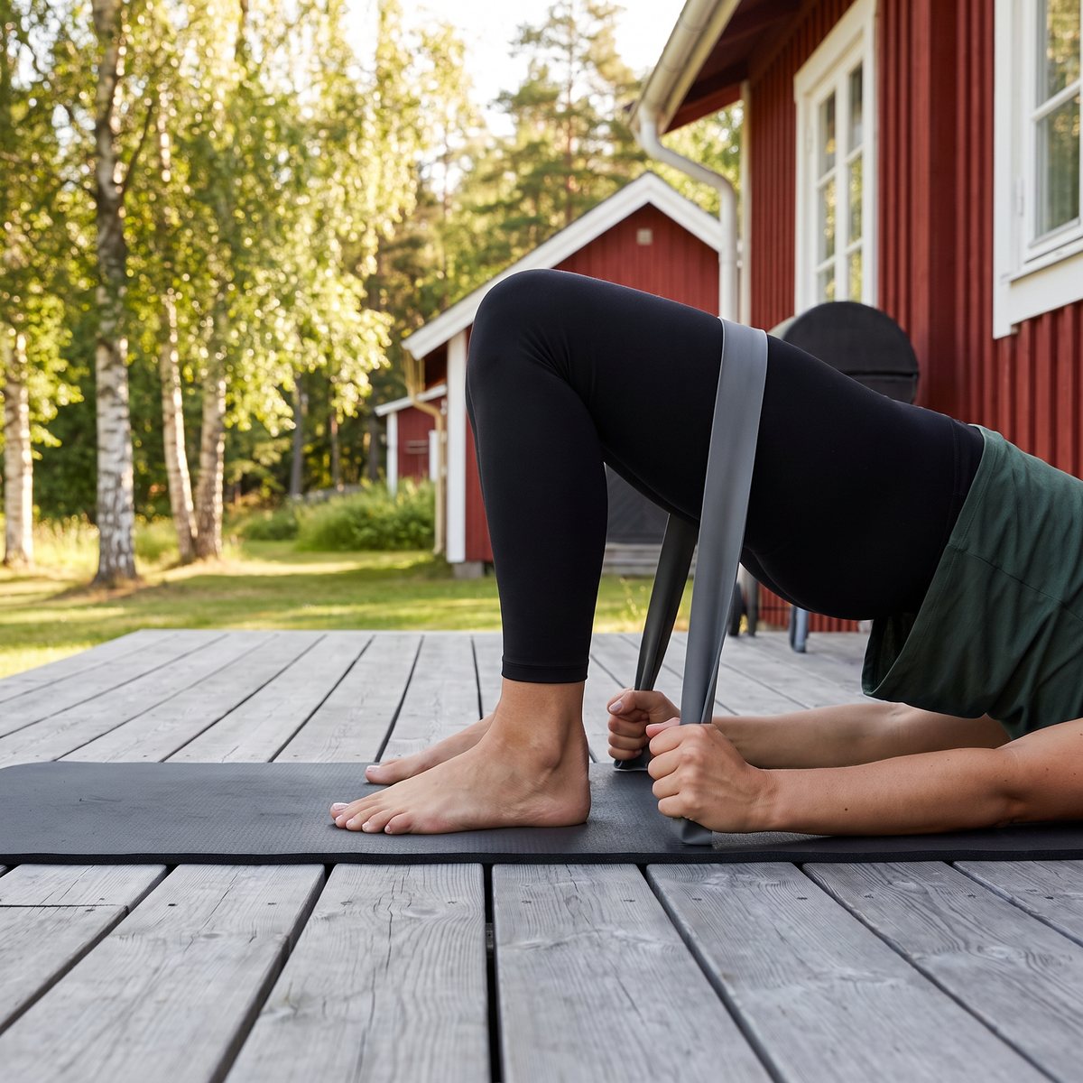 Grått långt gummiband från Casall över höfterna i ett höftlyft på en trätrall vid en röd svensk stuga