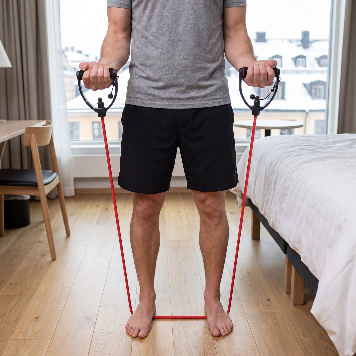 Rött träningsband med vadderade handtag från Iron Gym i en bicepscurl på ett ljust trägolv i ett svenskt hotellrum