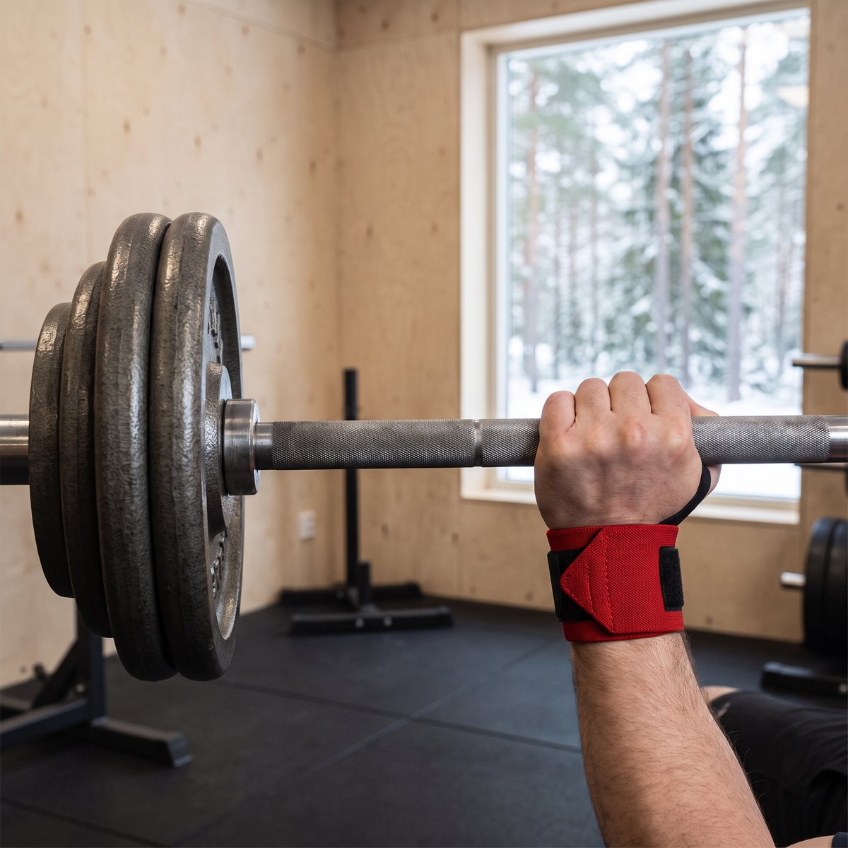 Röda handledsstöd med svart kardborrband på en lyftares handled i ett svenskt gym under bänkpress