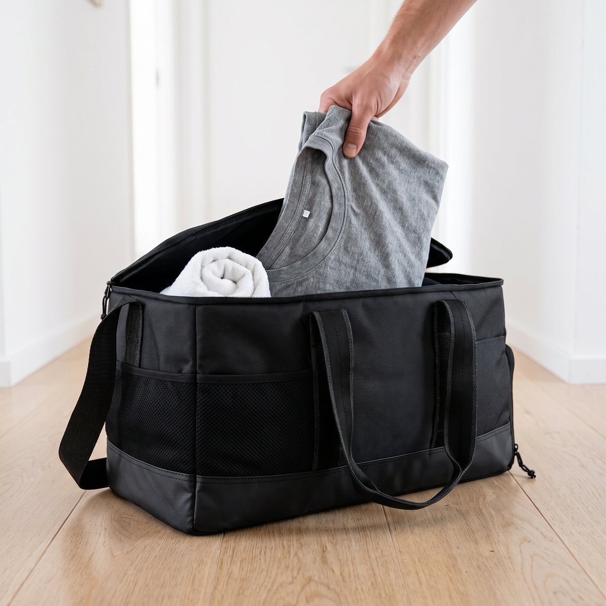 Svart, lådformad DB Hauler Gym Bag 30L står öppen på ett ljust ekgolv i en hall, där en grå t-shirt packas ner bredvid en hoprullad handduk