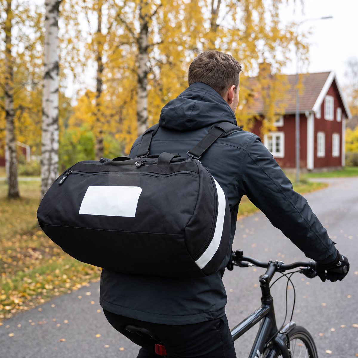 Cyklist på en cykelväg bland höstgula björkar och ett rött trähus, med den svarta tunnformade Gorilla Wear Norris-väskan buren med ryggsäcksremmar
