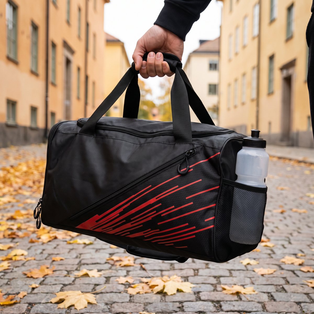 Svart Gorilla Wear Ohio-väska med röda ränder bärs i handtagen längs en gata med gula stenhus och höstlöv, med en vattenflaska i meshfickan på kortsidan