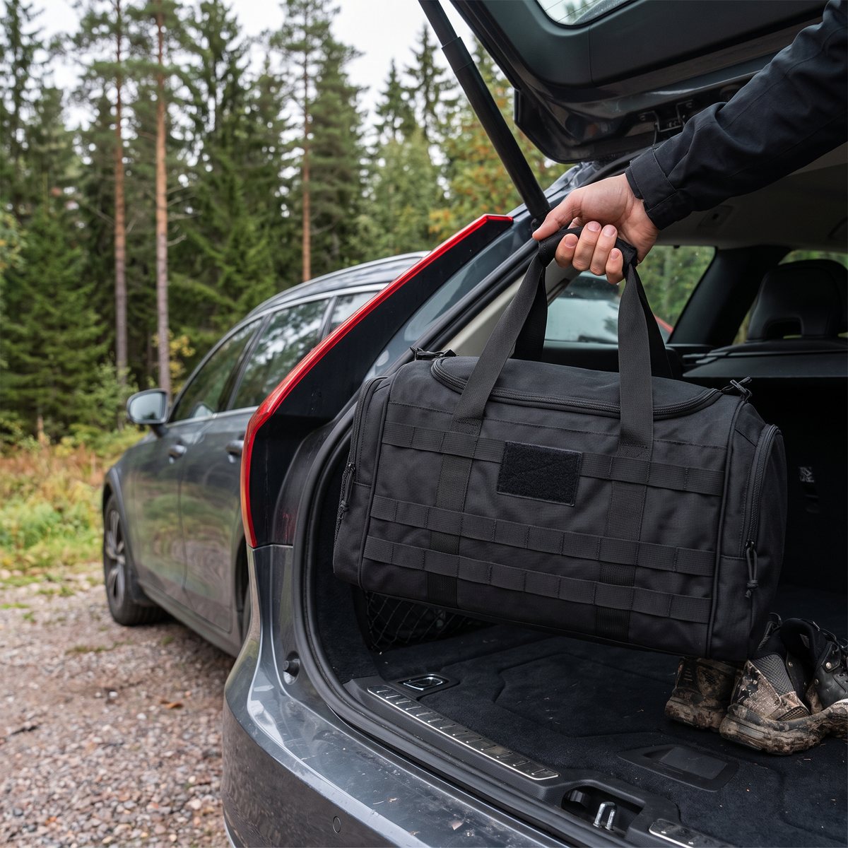Svart Sportkost Tactical Duffel Bag med MOLLE-band lyfts in i bagageutrymmet på en kombibil vid en grusparkering i tallskog