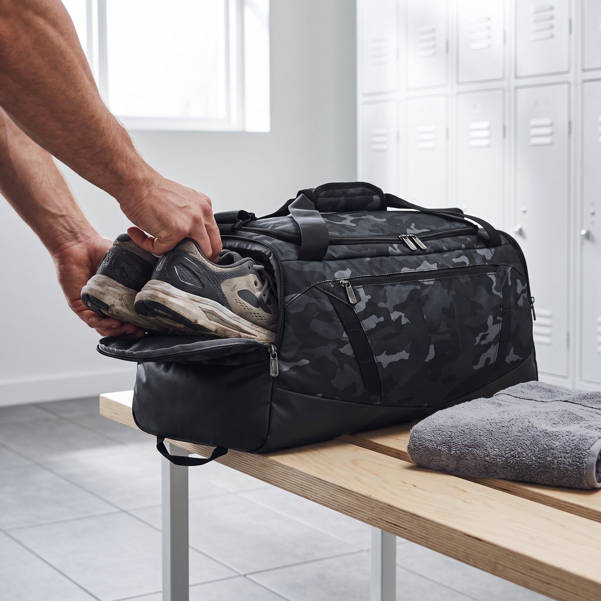 Svart kamouflagemönstrad Under Armour Undeniable 5.0 Duffle på en träbänk i ett ljust omklädningsrum, där ett par använda löparskor stoppas ner i skofacket på kortsidan