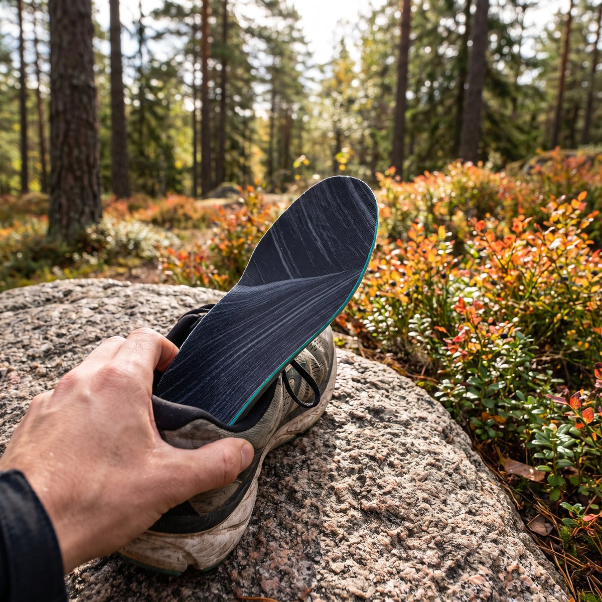 Mörk Ortho Movement löparsula som förs in i en löparsko på en granitsten i svensk skog