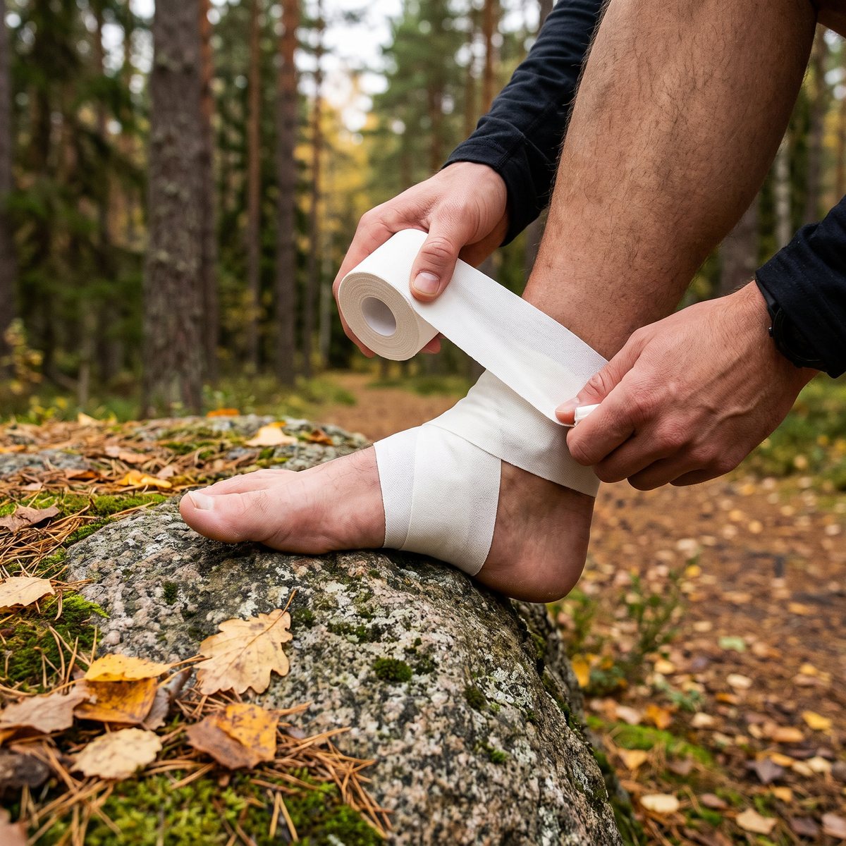 Vit sporttejp som lindas runt en fotled på en sten i svensk tallskog
