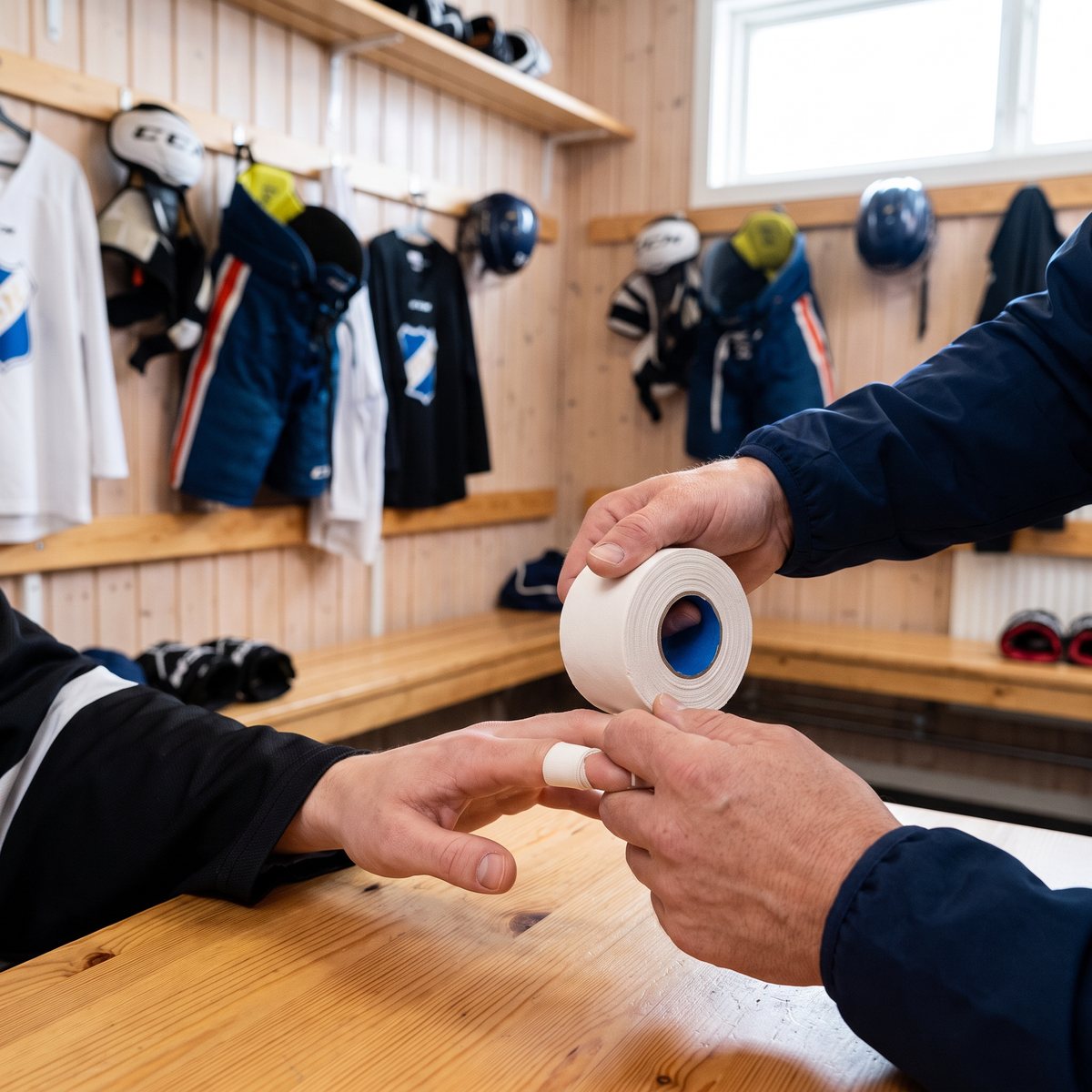 Vit tejp med blå kärna som tejpar en spelares fingrar i ett svenskt hockeyomklädningsrum