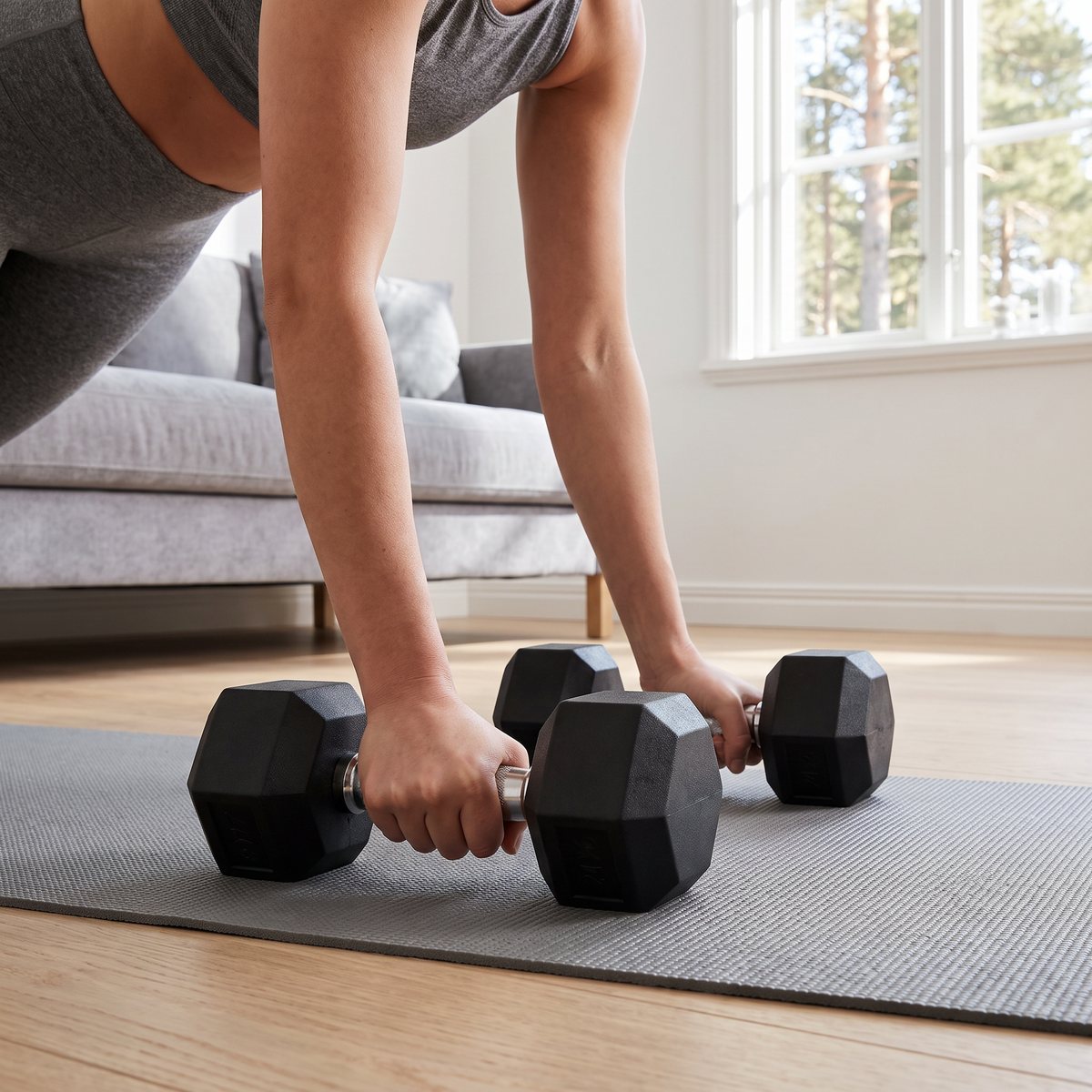 Ett par FitNord hexhantlar används som armhävningshandtag på en yogamatta i ett svenskt vardagsrum med tallar utanför fönstret