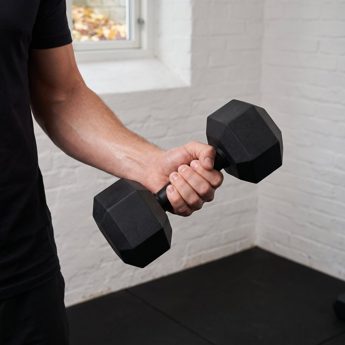 Master Fitness Nero gummiklädd hexhantel i hammercurl i ett vitmålat svenskt källargym med gummigolv