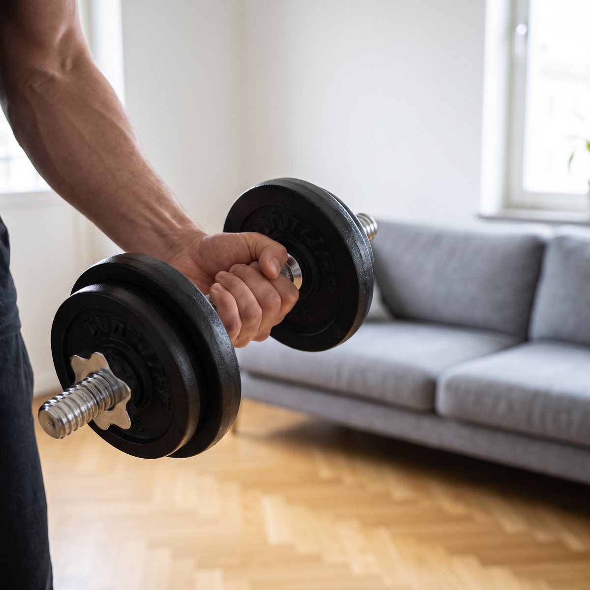 Tunturi hantlar med räfflade kromhandtag som används för bicepscurl i ett svenskt vardagsrum