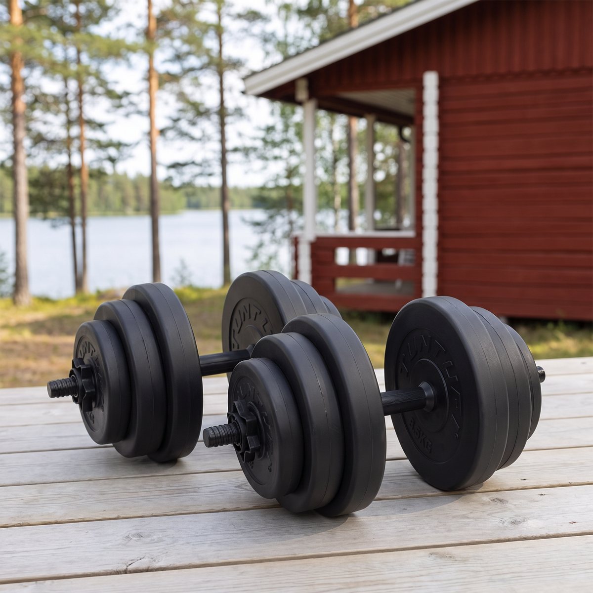 Svarta vinylhantlar på en träaltan utanför en röd svensk stuga med tallar och sjö