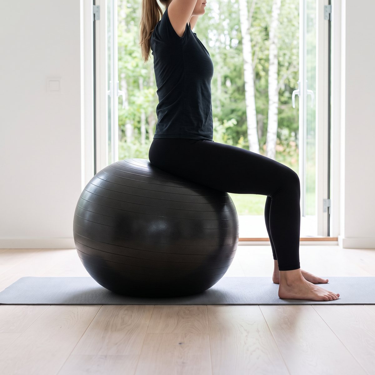 Svart pilatesboll som används för balansövning i ett ljust svenskt vardagsrum