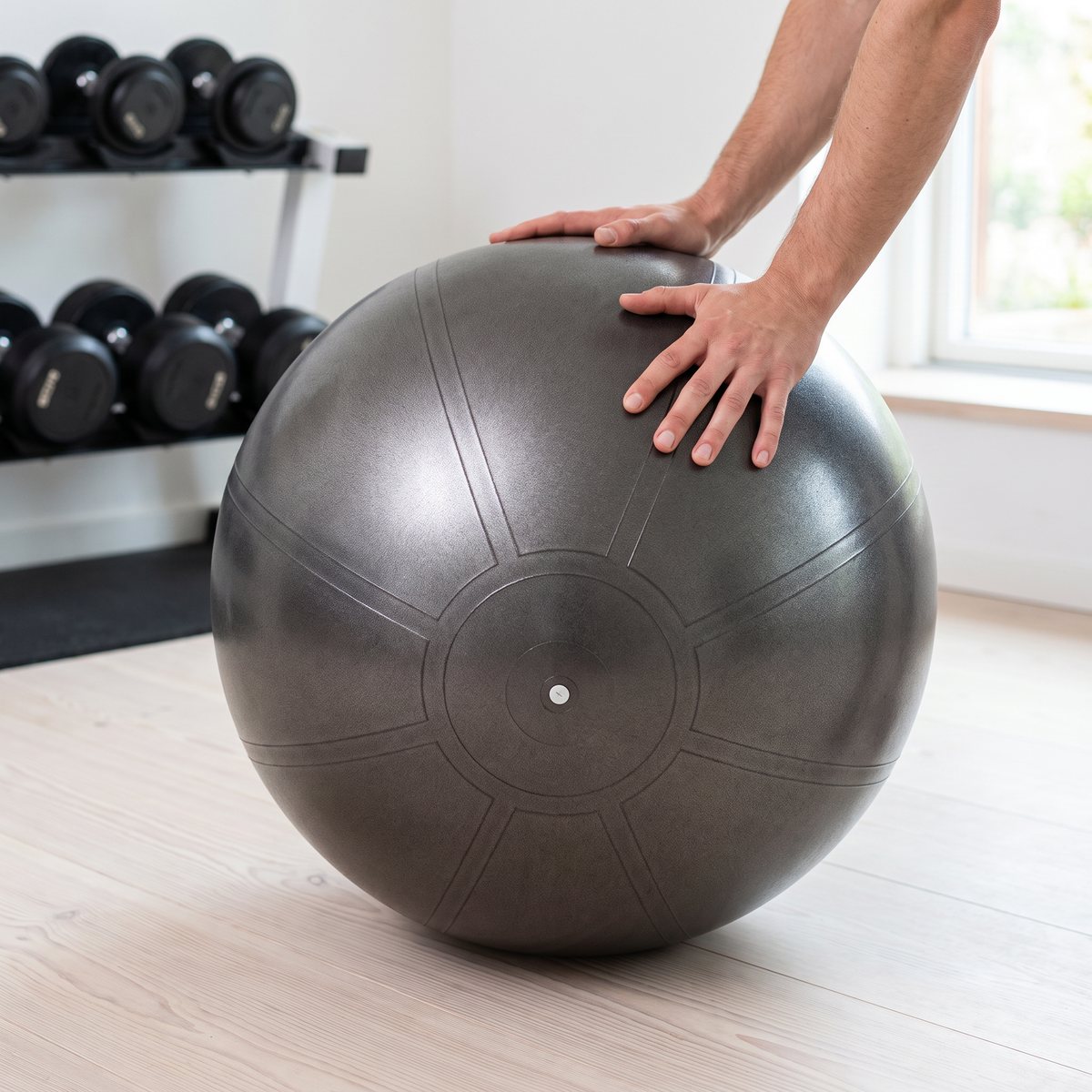 Mörkgrå antiburst-träningsboll i ett svenskt källargym