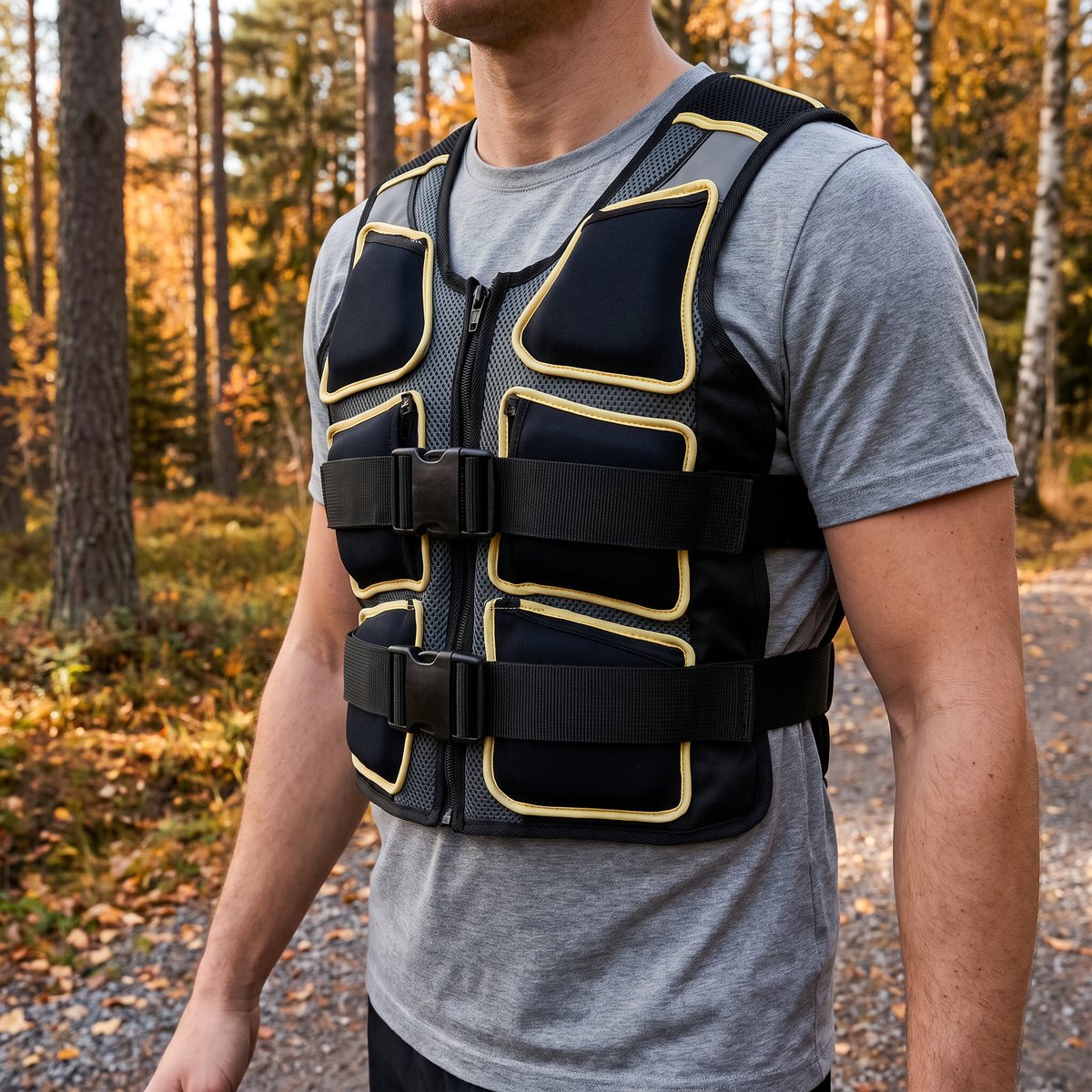 Abilica viktväst Flexi 10 kg buren på promenad i svensk höstskog