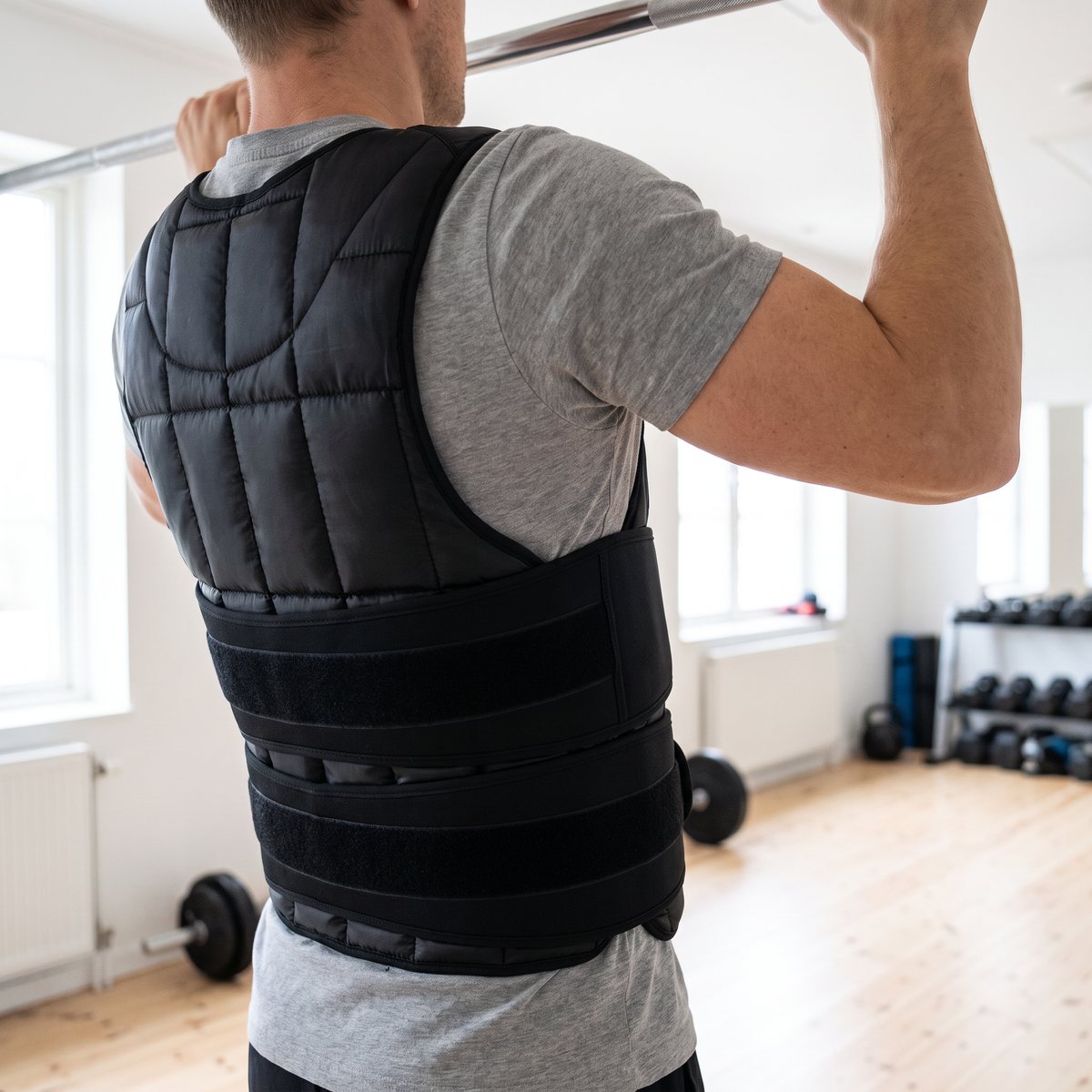 Iron Gym viktväst 10 kg på en person som gör pull-ups i ett ljust svenskt hemmagym