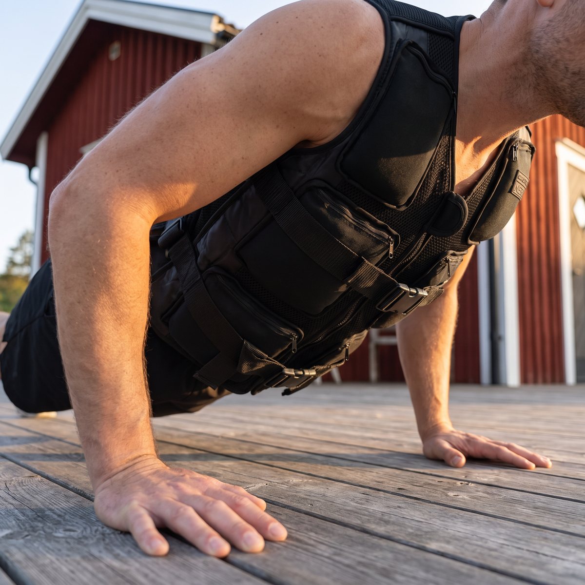 Master Fitness Nero viktväst 10 kg buren vid armhävningar på en trädäck utanför en röd stuga