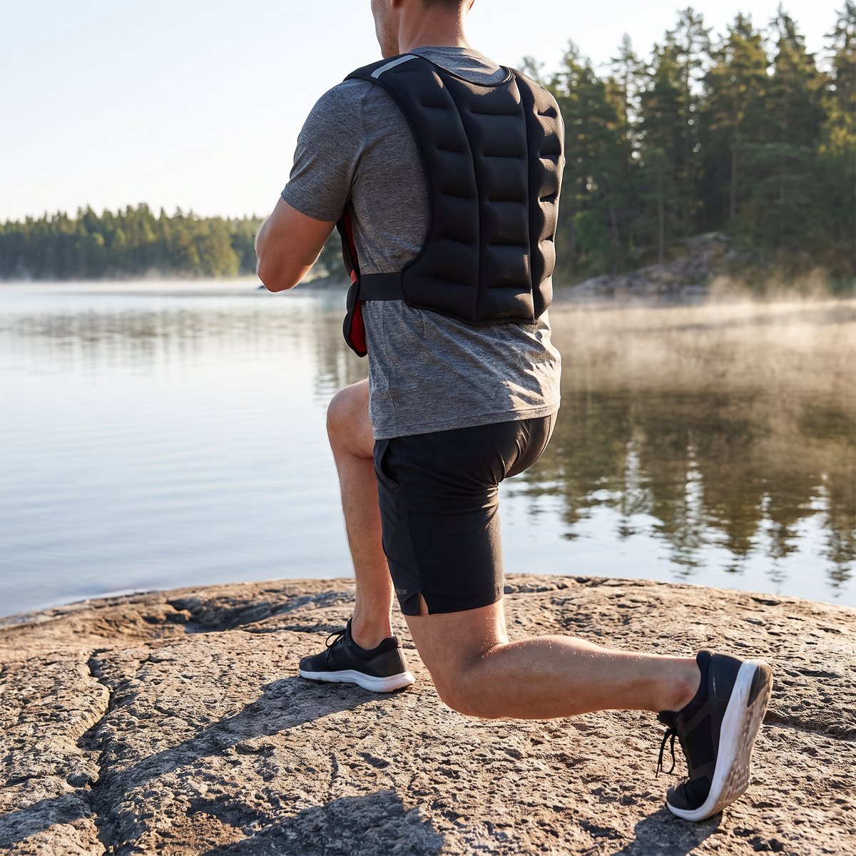 Reebok Strength Series viktväst 10 kg buren vid utfallssteg på en granithäll vid en svensk sjö