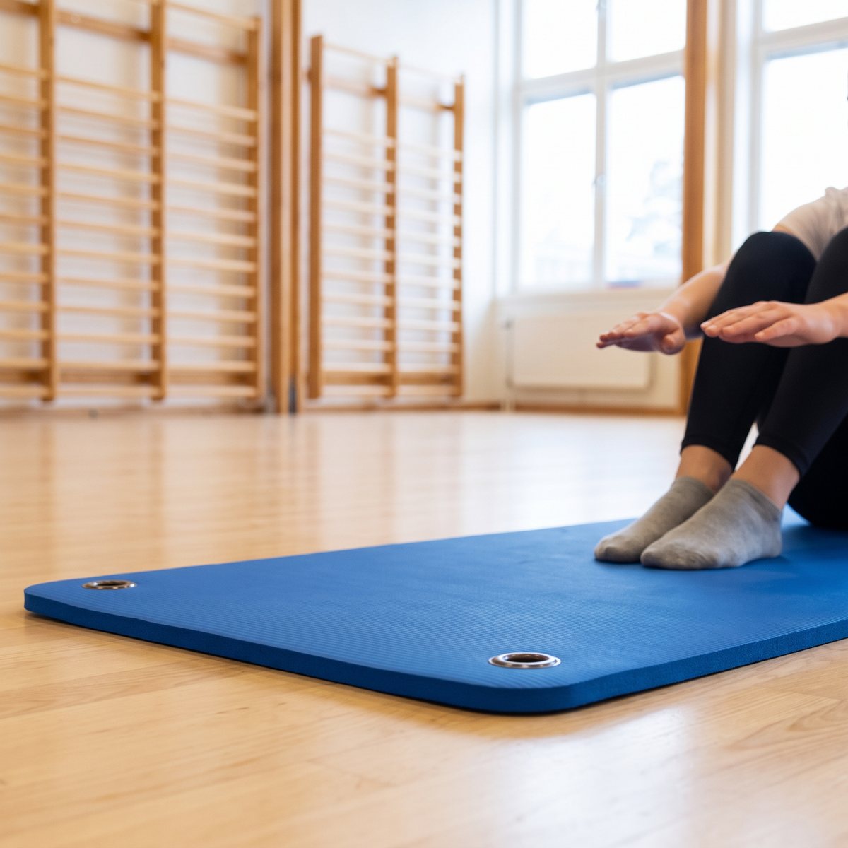 Blå gymmatta med två öljetter på golvet i en svensk gymnastiksal med ribbstolar, en person gör situps