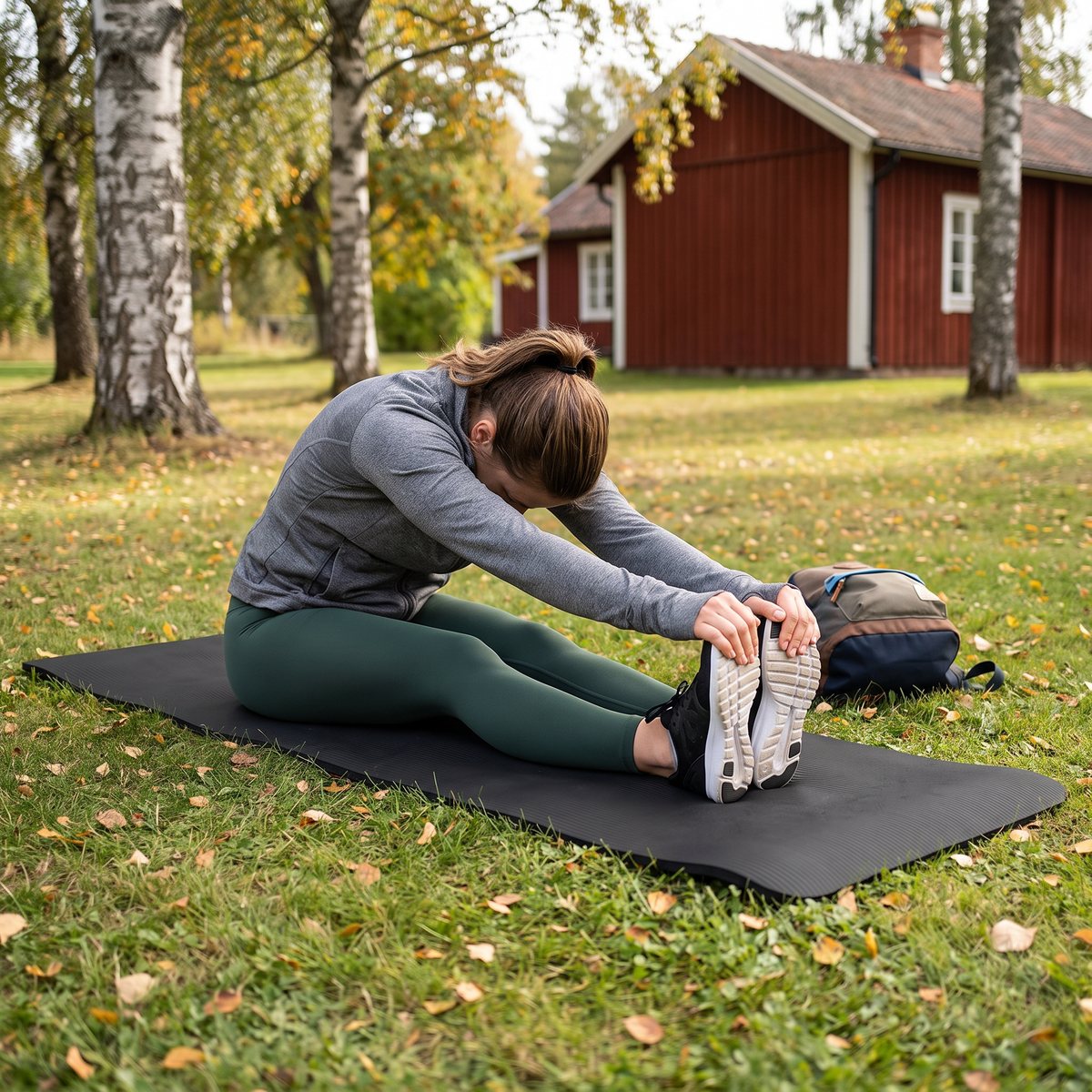 Svart Virtufit-matta utlagd på gräset i en park med björkar och ett rött trähus, där en kvinna stretchar sittande