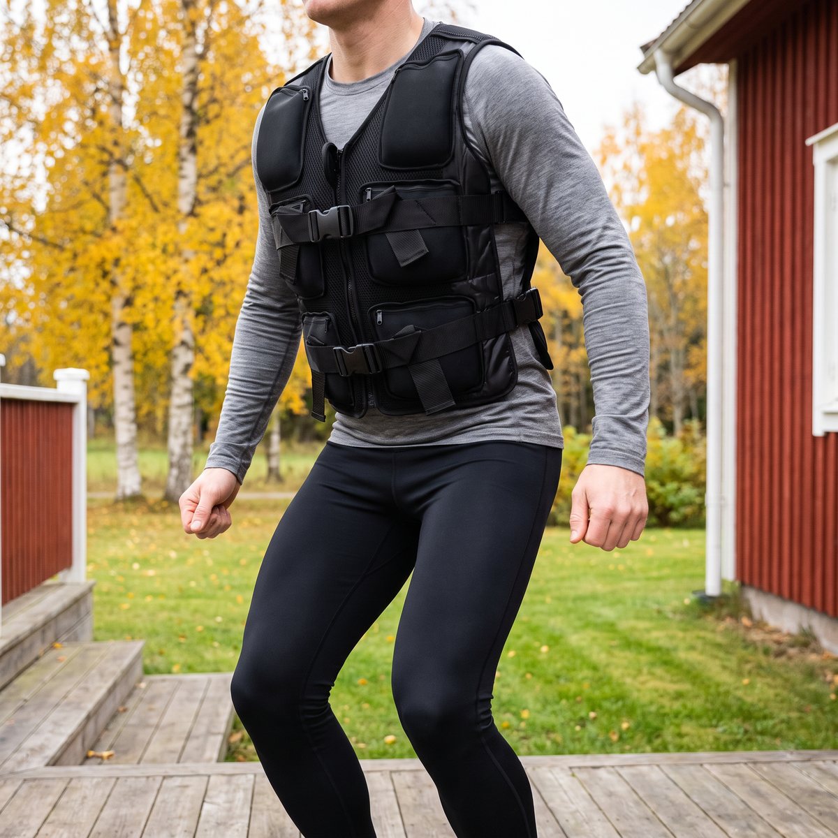 Person i svart Master Fitness Nero viktväst landar efter ett hopp på en altan vid ett rödmålat trähus, med gula björkar i bakgrunden
