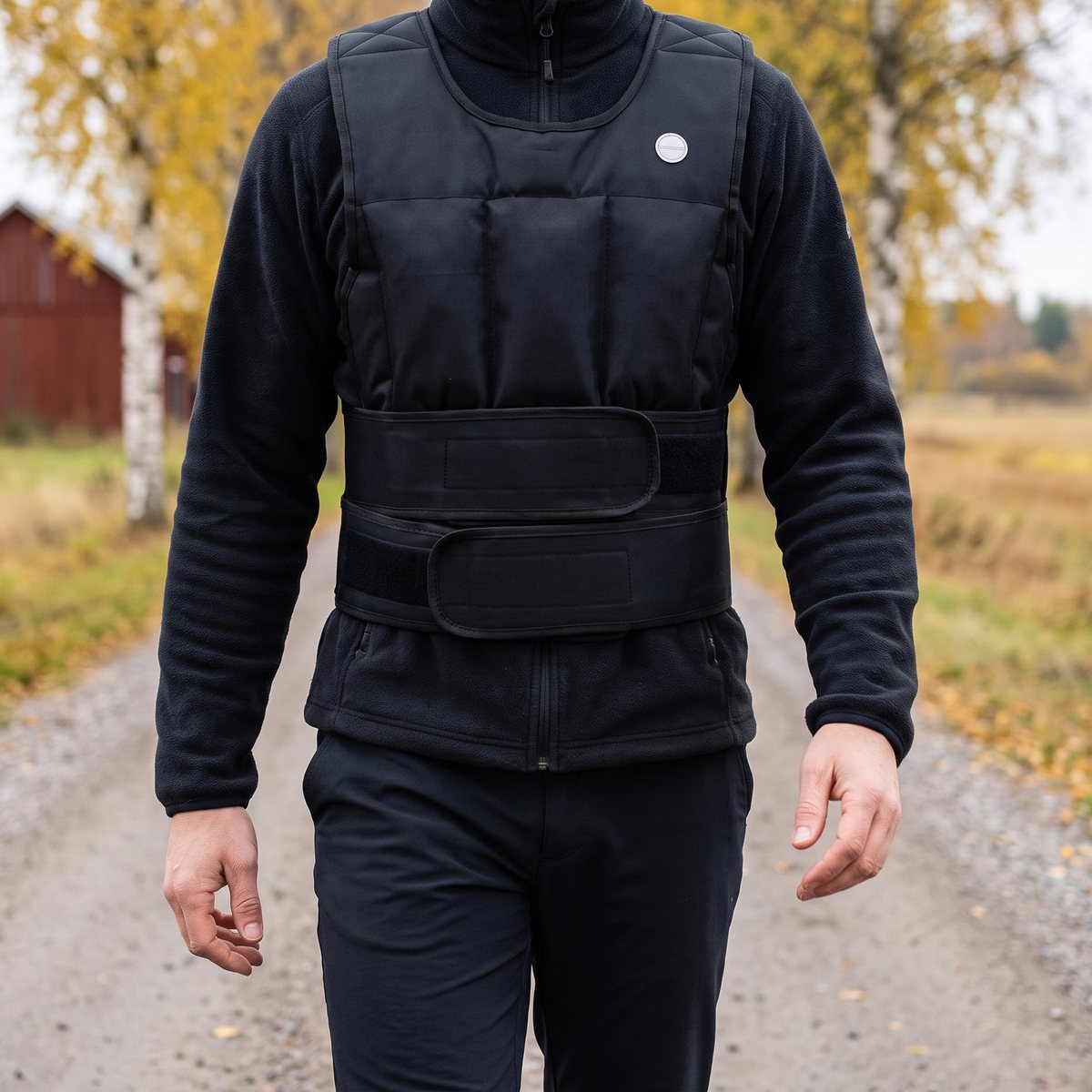 Person i Master Fitness viktväst promenerar på en grusväg kantad av björkar med en röd lada i bakgrunden