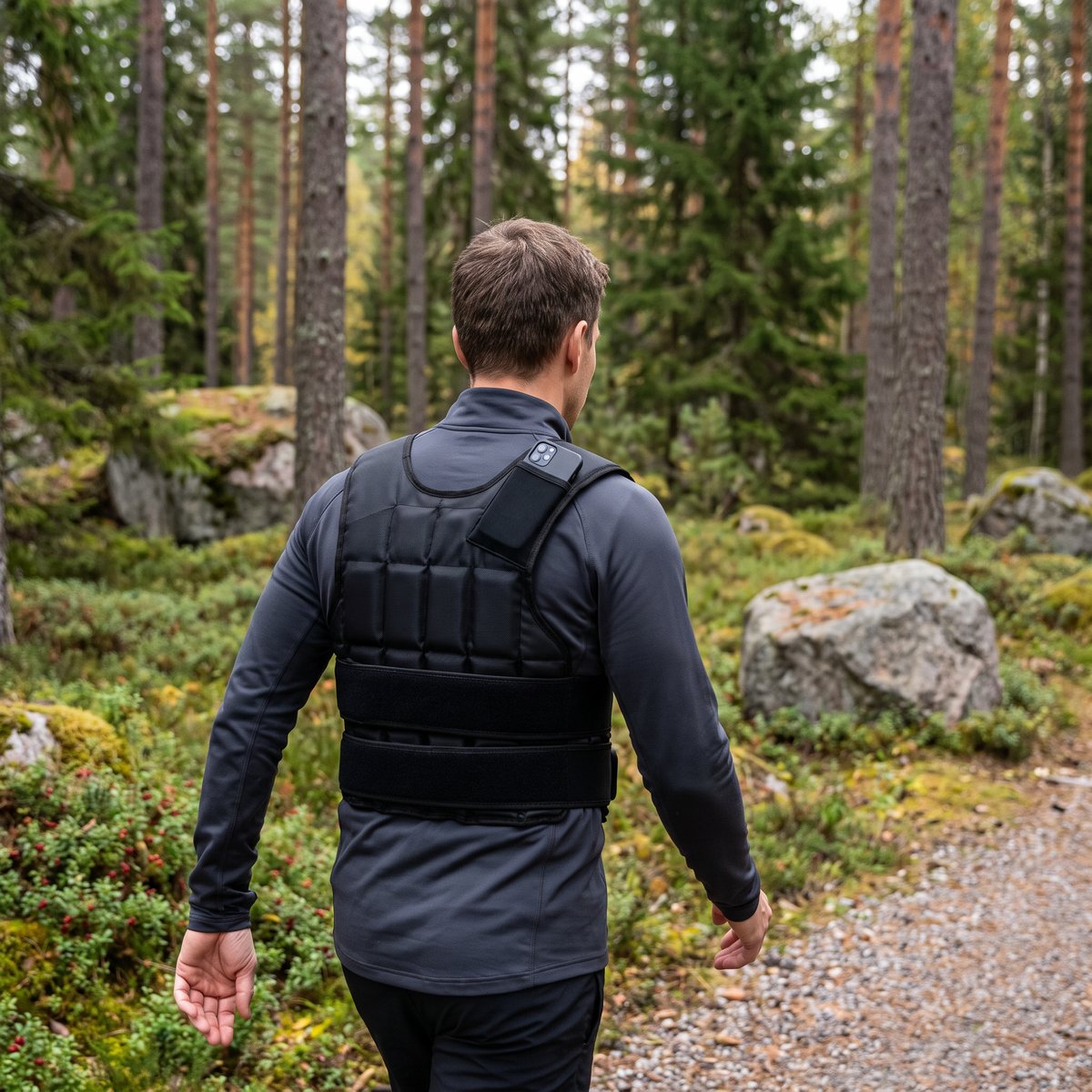 Person i Thunder Fitness Viktväst PRO promenerar på en grusstig i svensk tallskog, med mobilen i fickan på axelbandet