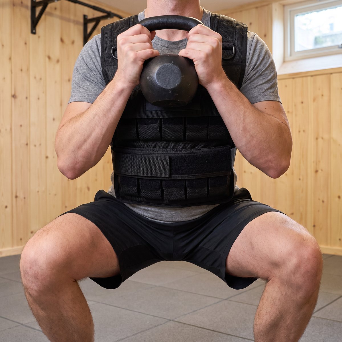 Person i Tunturi Pro Viktväst gör knäböj med kettlebell i ett hemmagym med furupanel i källaren