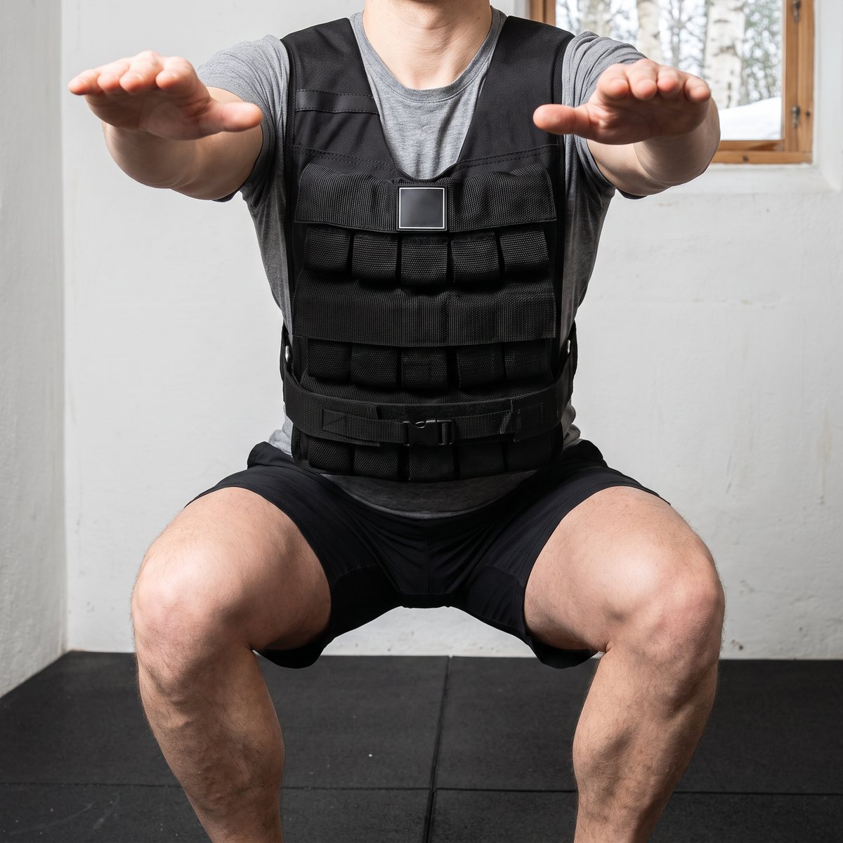 Svart viktväst från Master Fitness med järnvikter i fickorna, buren under en djup knäböj i ett vitmålat källargym med gummigolv och snötäckta björkar utanför fönstret.
