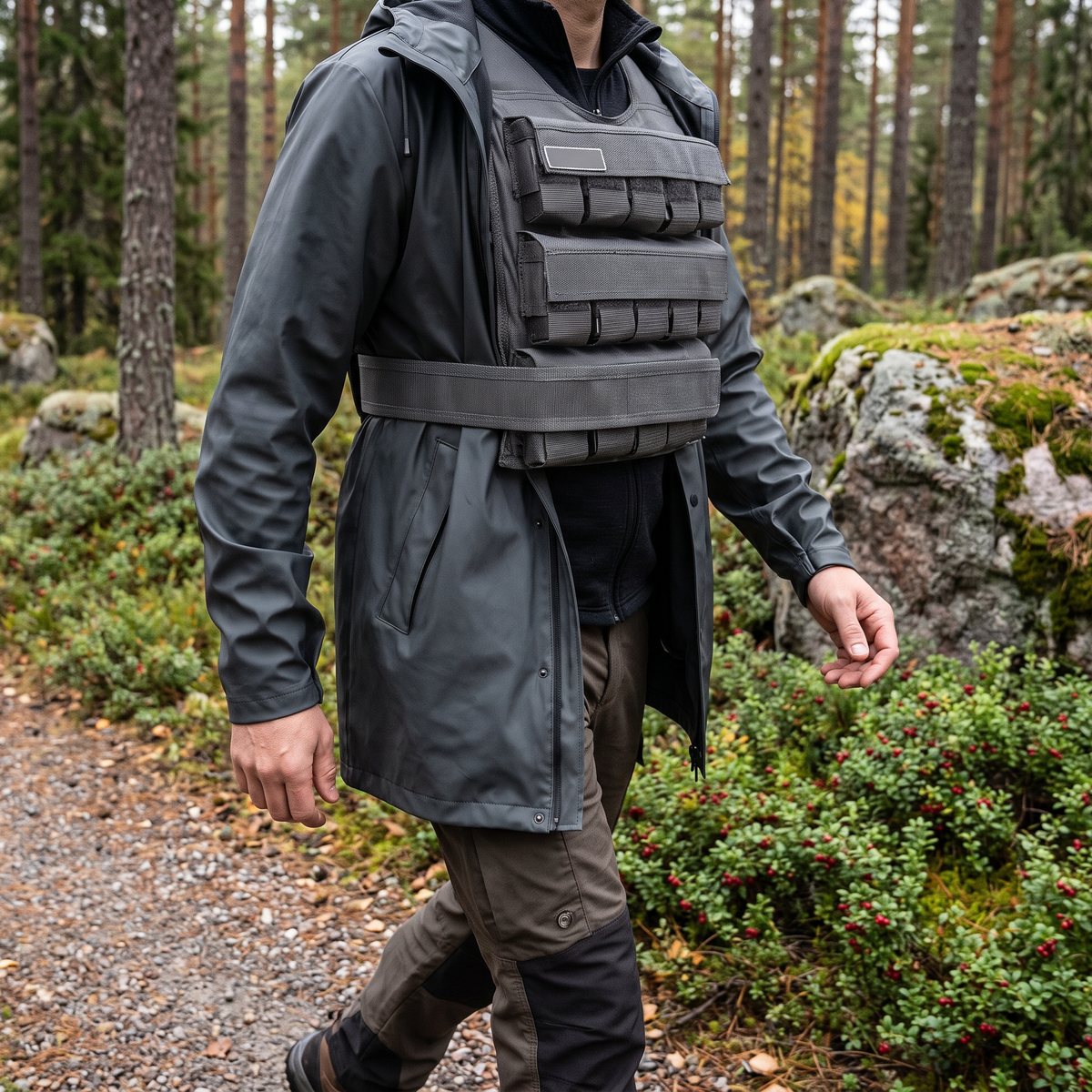 Grå viktväst från OMPU Gear buren under en öppen regnjacka på en grusstig genom svensk tallskog med mossiga granitblock och lingonris.