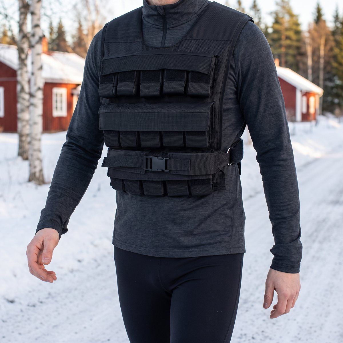 Svart viktväst från Star Gear med viktfickor och justerbart midjespänne, buren på en rask vinterpromenad längs en snöig grusväg med röda stugor och björkar.