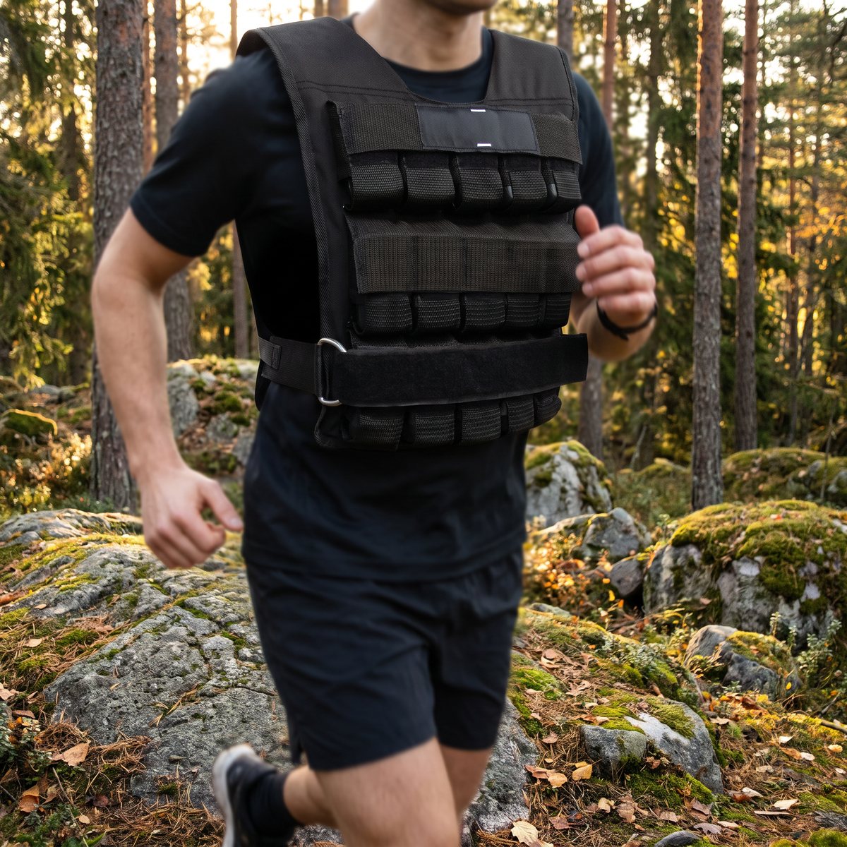 Svart viktväst från Titan Life på en jogger i svensk tallskog på hösten