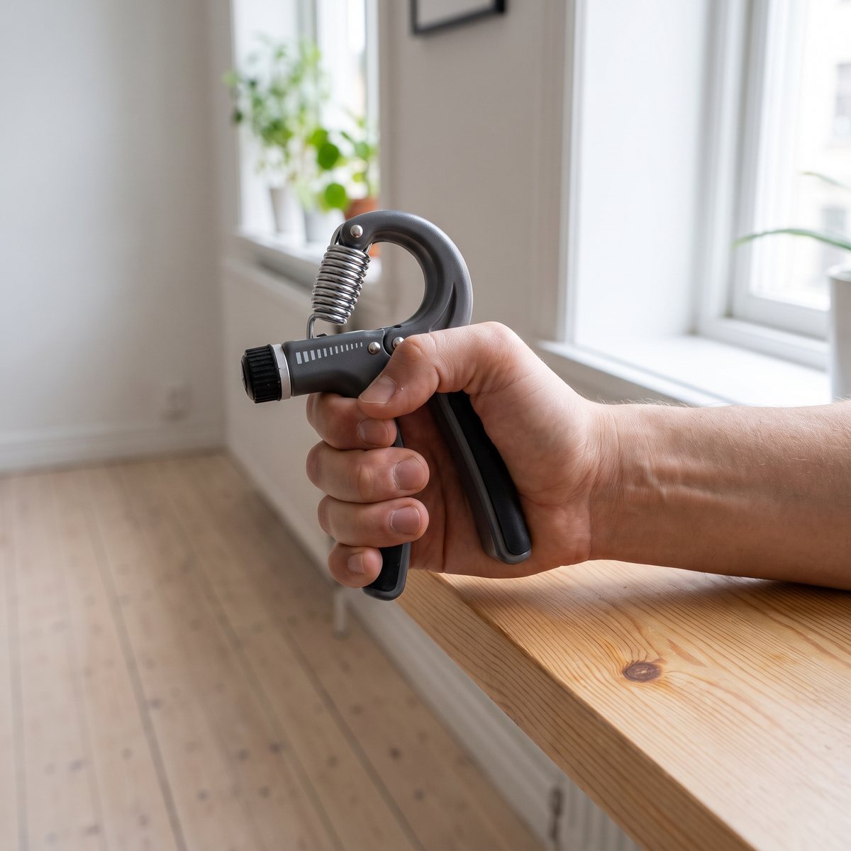 Abilica HandGrip Adjustable i handen på ett träbord vid ett fönster i ett svenskt hem