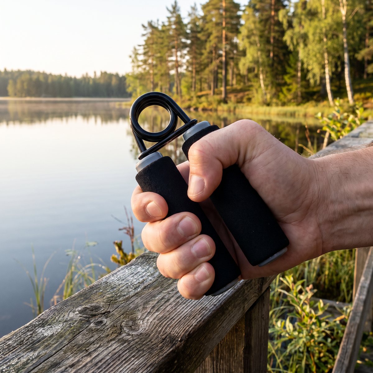 Abilica HandGrip Pro med skumhandtag i handen på en brygga vid en svensk sjö