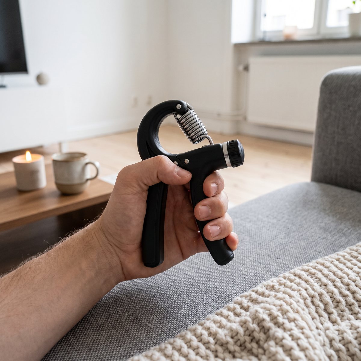 VirtuFit justerbar handstärkare i handen i en svensk lägenhet med grå soffa