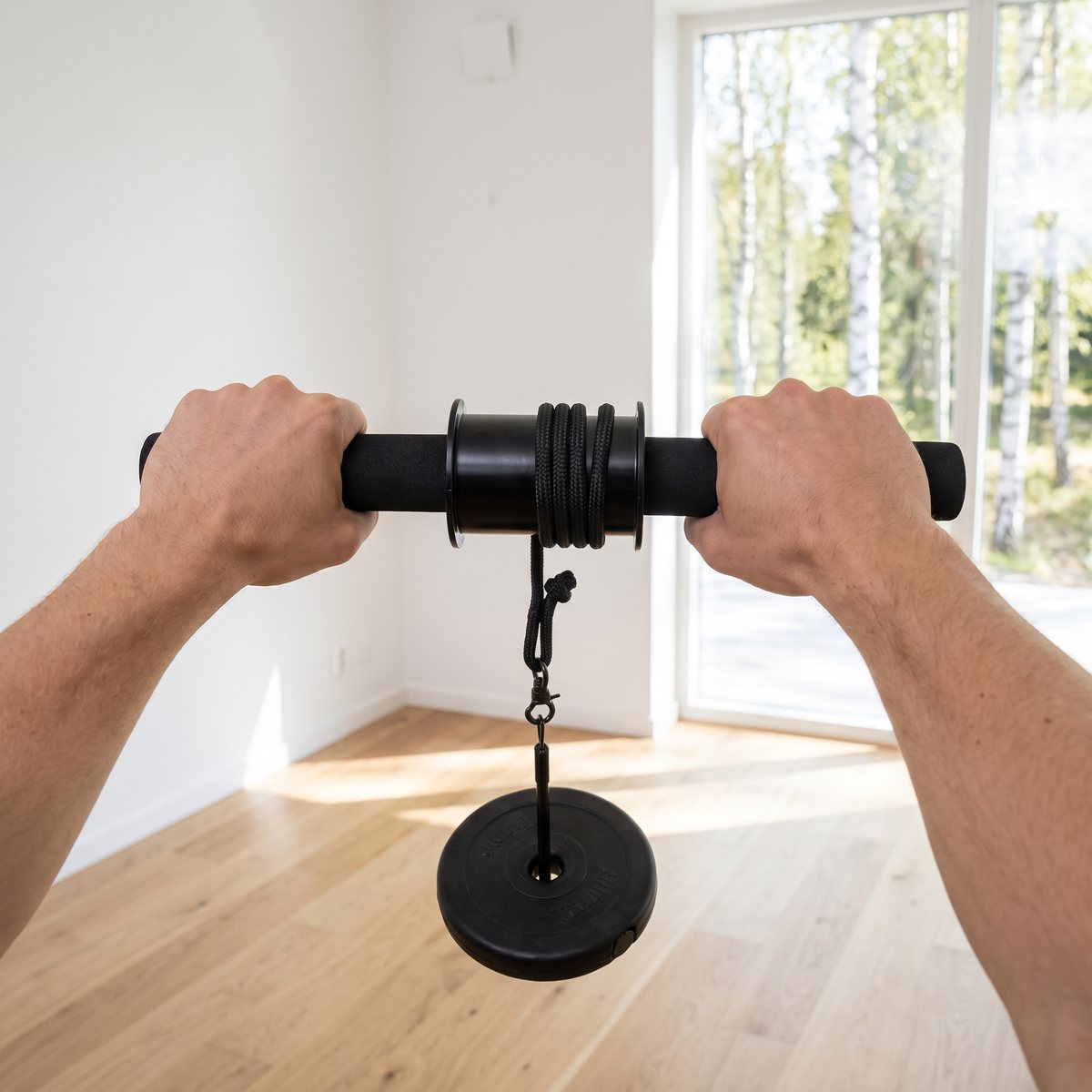 VirtuFit Wrist Roller hålls utsträckt i ett ljust svenskt vardagsrum med björkar utanför fönstret