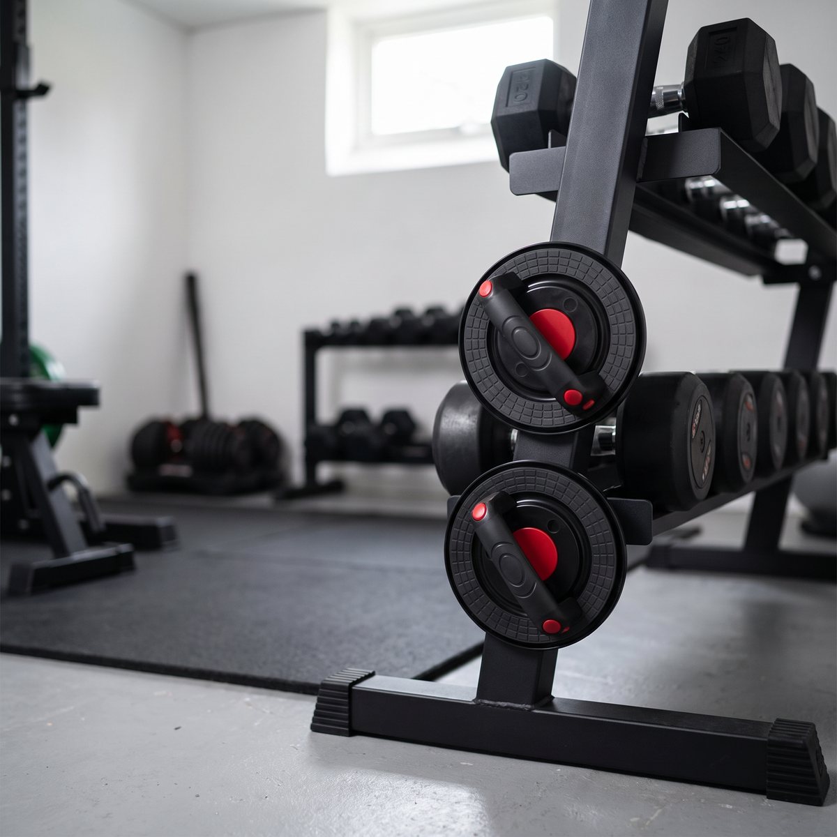 Hammer Sport Magnetic Push Up Bars fästa med magneter på ett hantelställ i ett svenskt hemmagym