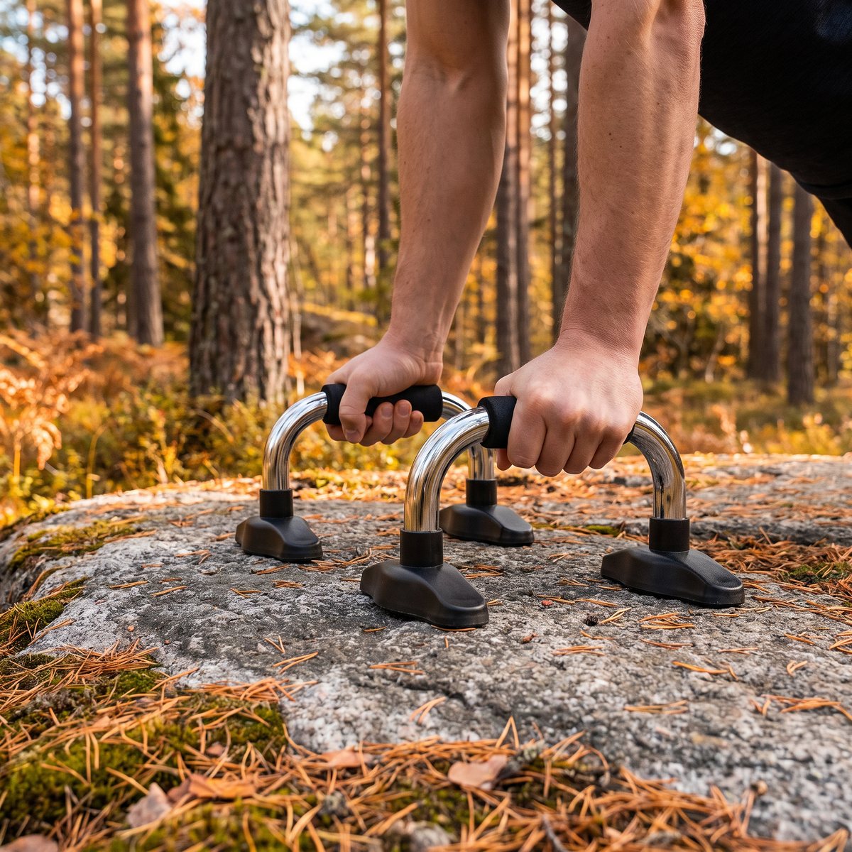 Armhävningar med Virtufit Push Up Bars Chrome på en granitklippa i en svensk tallskog på hösten