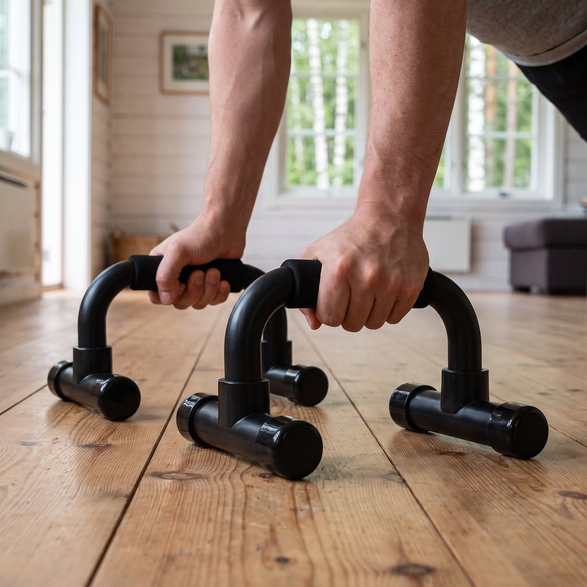 Armhävningar med Virtufit Push Up Bars på ett plankgolv i en svensk sommarstuga