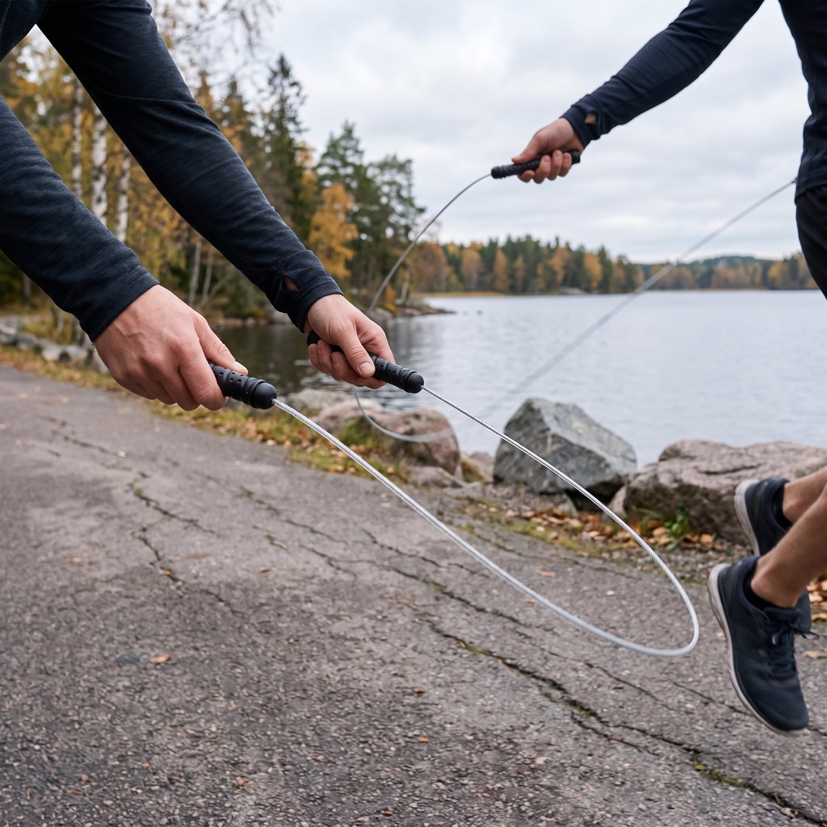Viktat hopprep med svarta handtag och silverfärgad vajer som används på en gångväg vid en svensk sjö