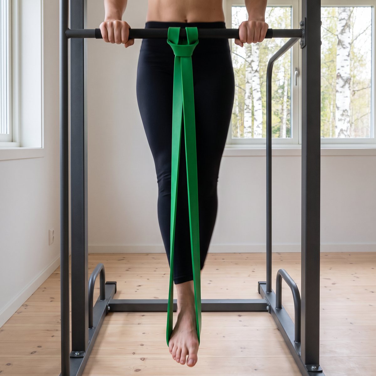 Grönt Tunturi powerband fäst runt ett räck och sträckt under foten i ett ljust svenskt hem