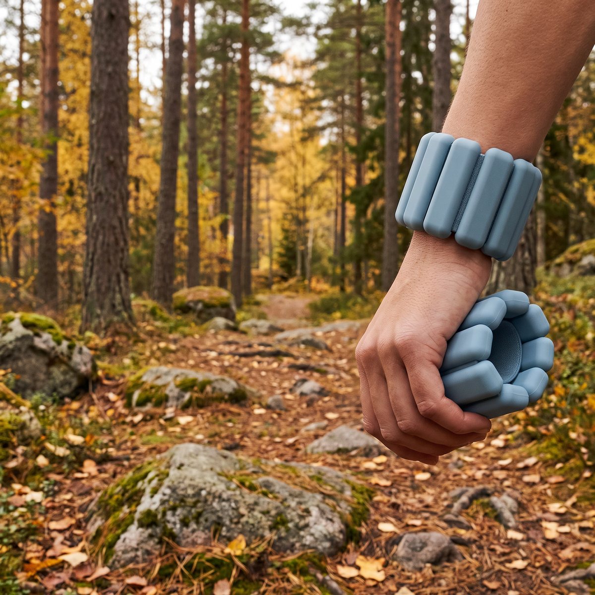 Blå Bala Bangle-vikter i silikon runt handleden på en promenad längs en stig i svensk tallskog på hösten
