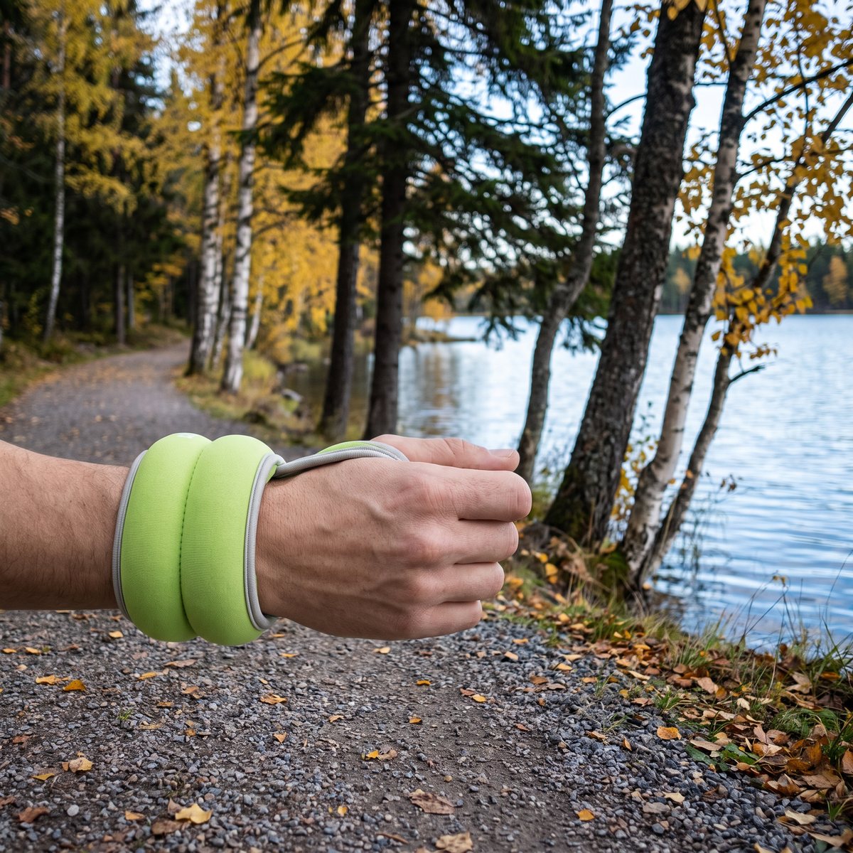 Grön Sveltus handledsvikt i neopren runt handleden på en grusstig vid en svensk sjö på hösten