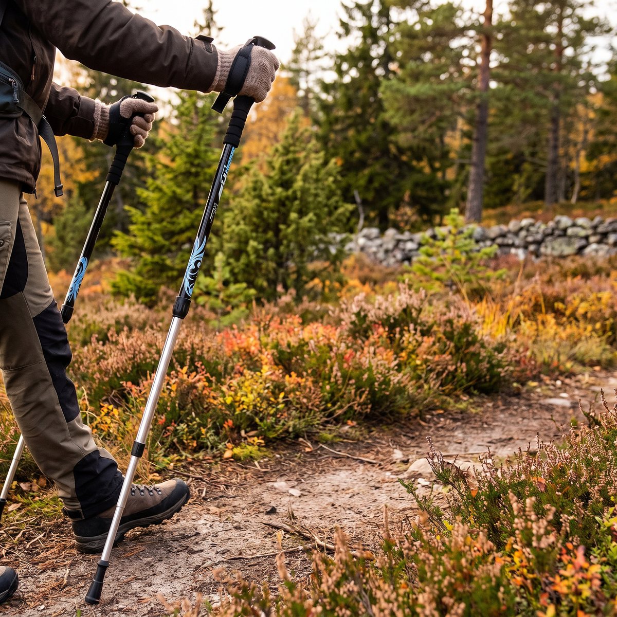 Teleskopiska promenadstavar med svart överdel och silverfärgad nedre del används på en höstlig svensk hed