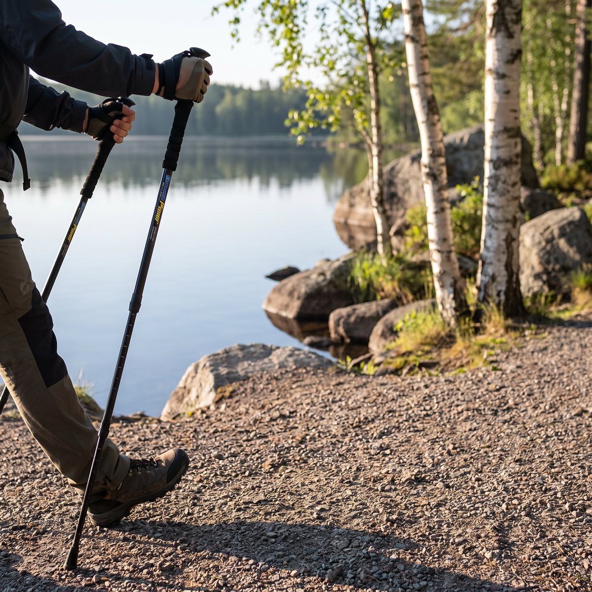 Svarta teleskopiska promenadstavar används på en grusstig vid en svensk sjö med björkar och granit