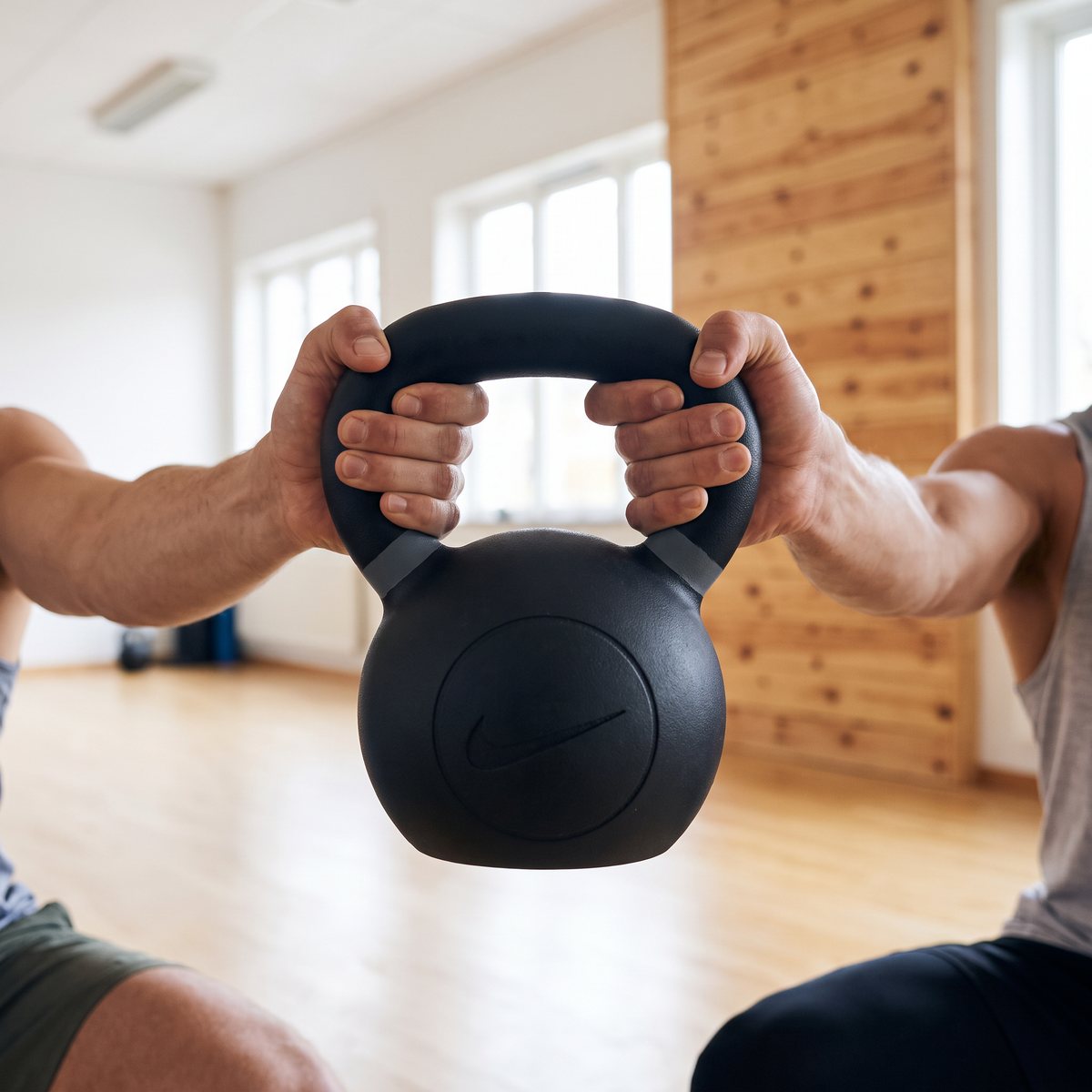 Svart kettlebell från Nike hållen med båda händerna i en goblet squat i en svensk träningslokal med furupanel