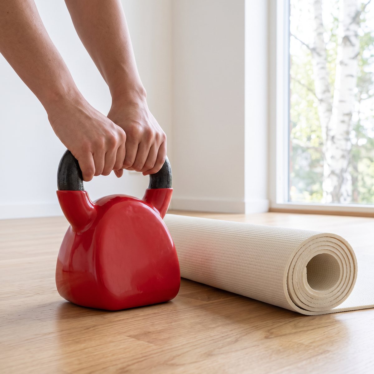 Röd vinylbelagd kettlebell från Tunturi bredvid en yogamatta på ett ljust ekgolv i en svensk lägenhet