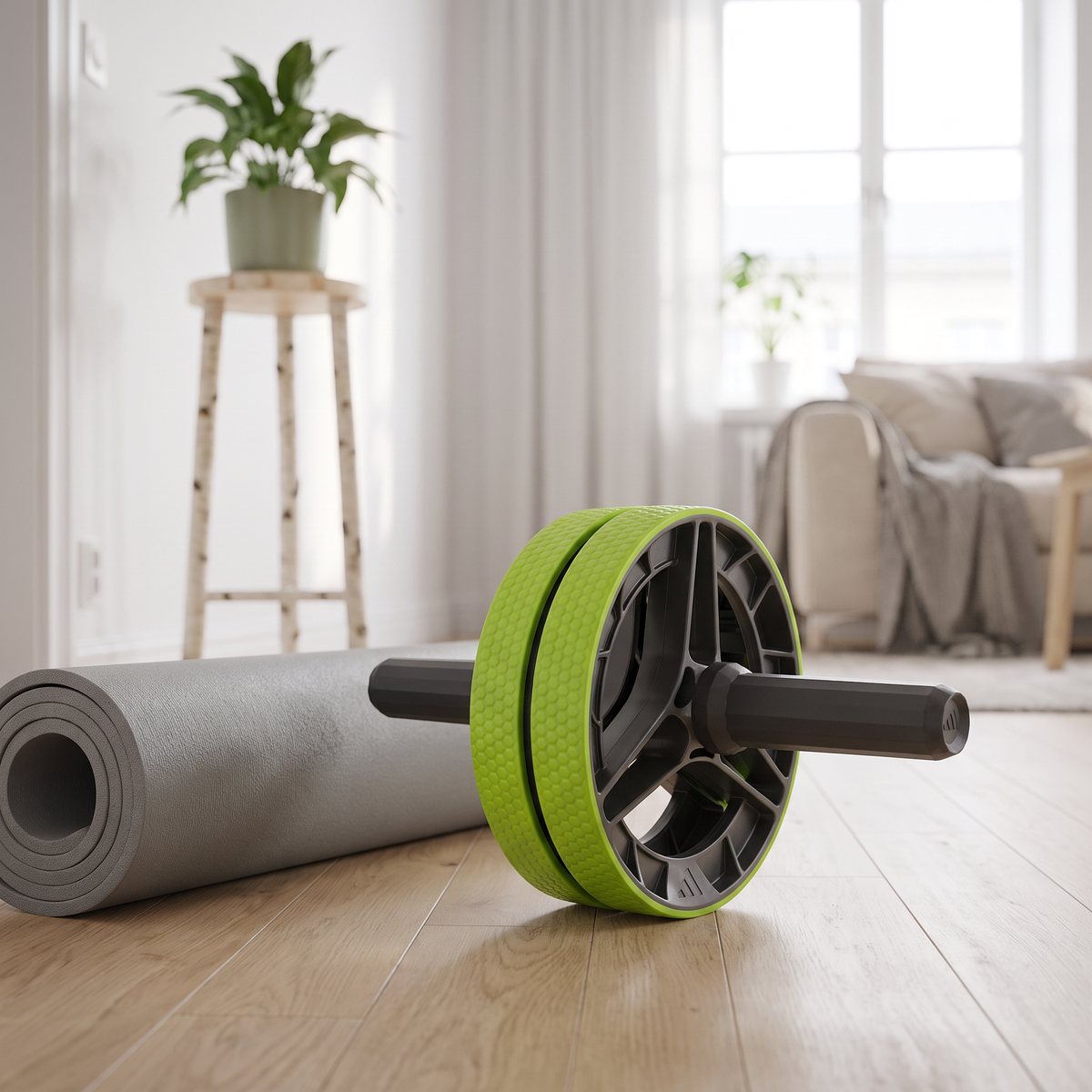 Adidas Performance Ab Wheel i limegrönt och grått på ett ljust trägolv bredvid en ihoprullad träningsmatta i en svensk lägenhet