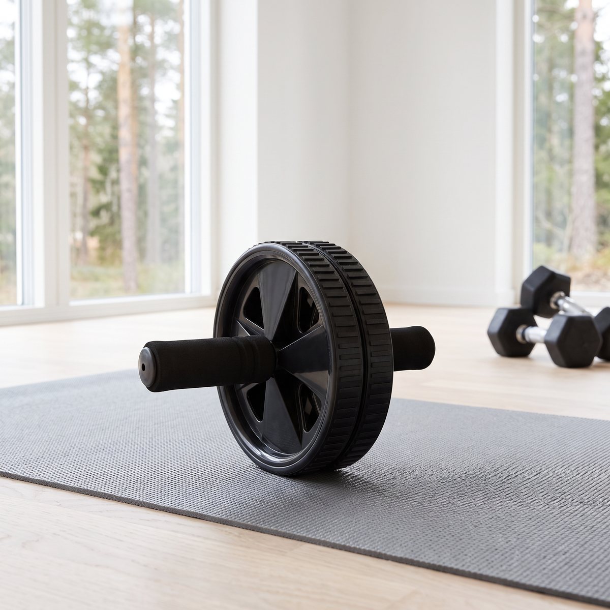 Casall AB Roller Recycled på en träningsmatta på ett björkparkettgolv i ett ljust svenskt hemmagym