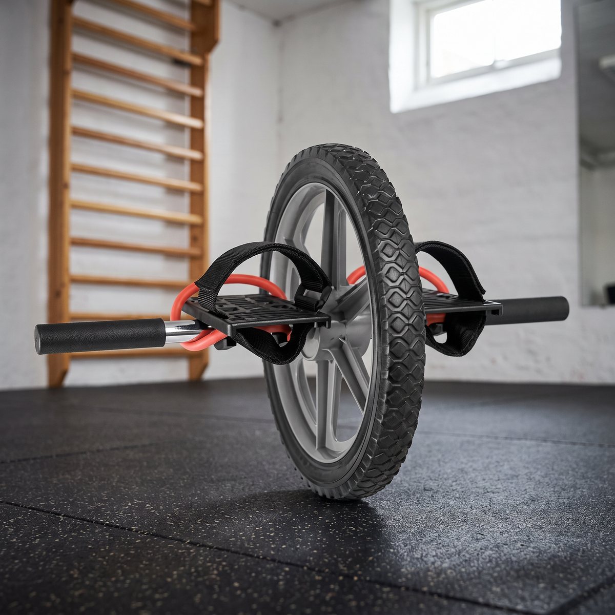 inSPORTline Ab Roller AR1000 med stort gummihjul och fotremmar på golvet i ett svenskt hemmagym med ribbstol