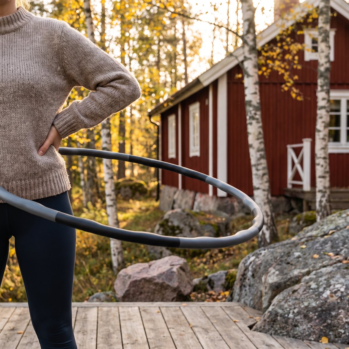 Svart och grå hulahoppring i vågform som används på en träaltan vid en röd stuga med björkar och granit